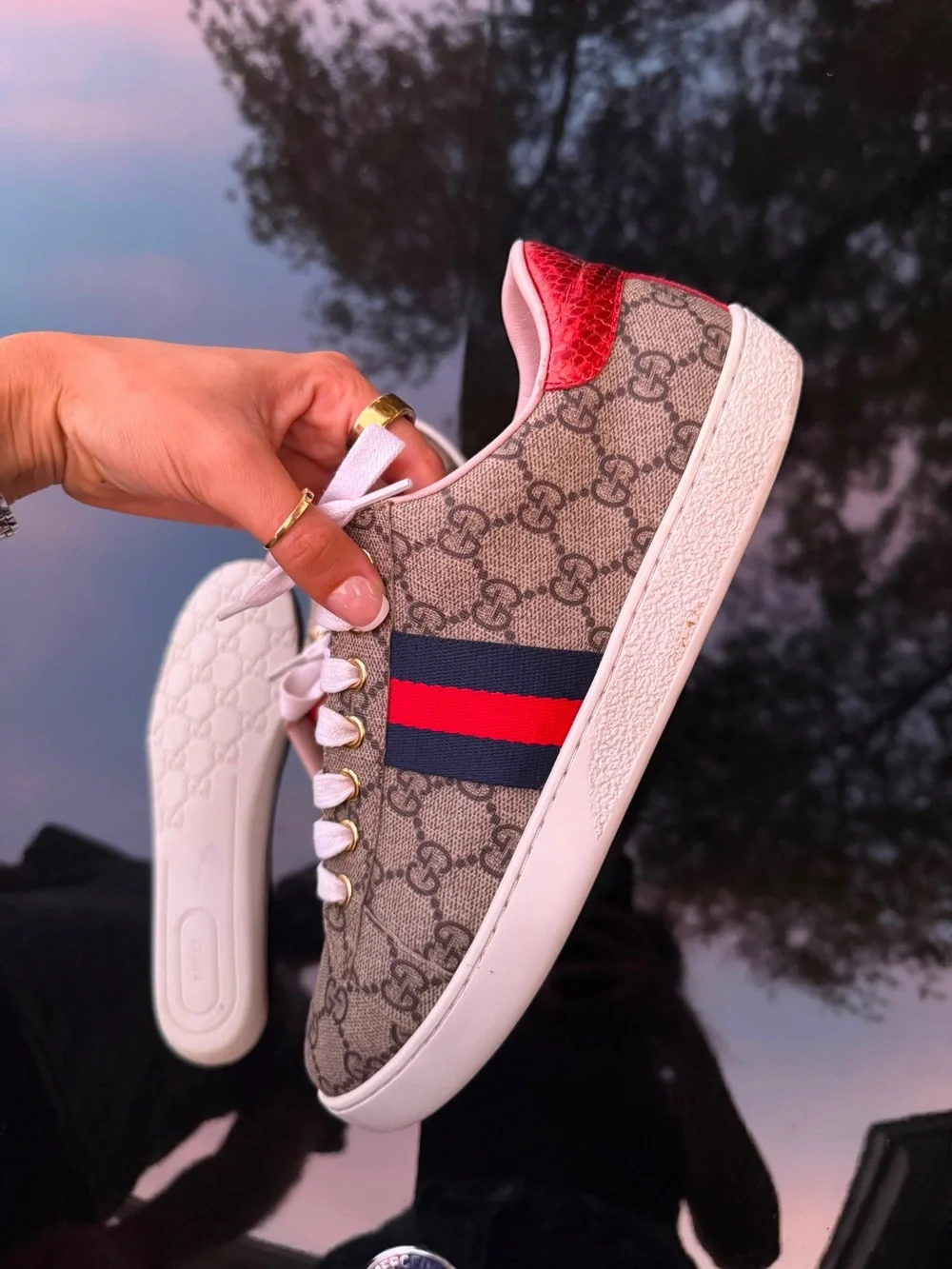 Gucci Beige GG Supreme Sneakers with Red & Blue Web Stripe